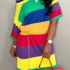 Dresses female | Round Neck Rainbow Striped Print Dress Multicolor