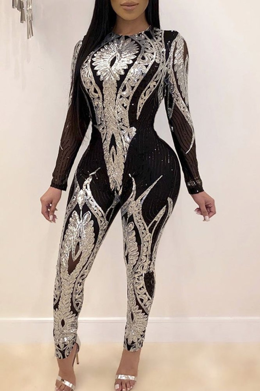 Jumpsuits & Rompers female | Sexy Mesh Sequin Embroidery Long-Sleeved Jumpsuit