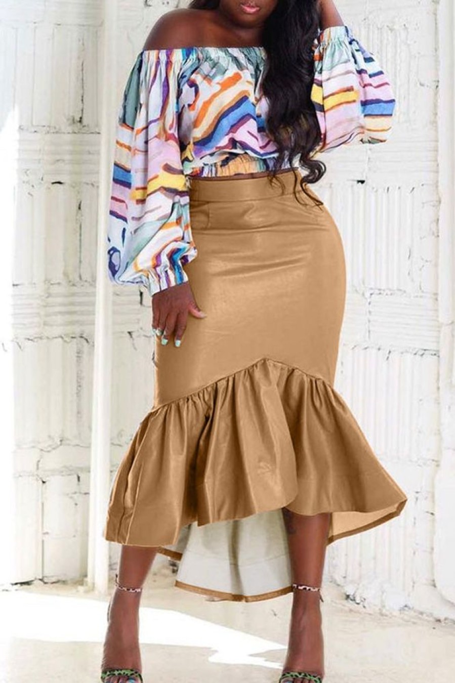 Bottoms female | Trendy High Waist Ruffle Fishtail Leather Long Skirt Khaki