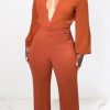 Jumpsuits & Rompers female | Fashion Solid Color Lantern Sleeve Shirt V Neck Loose Waist Straight Jumpsuit