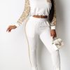 2-Pieces female | Fashion Sequin Stitching Round Neck Long Sleeve Trousers Tracksuit White