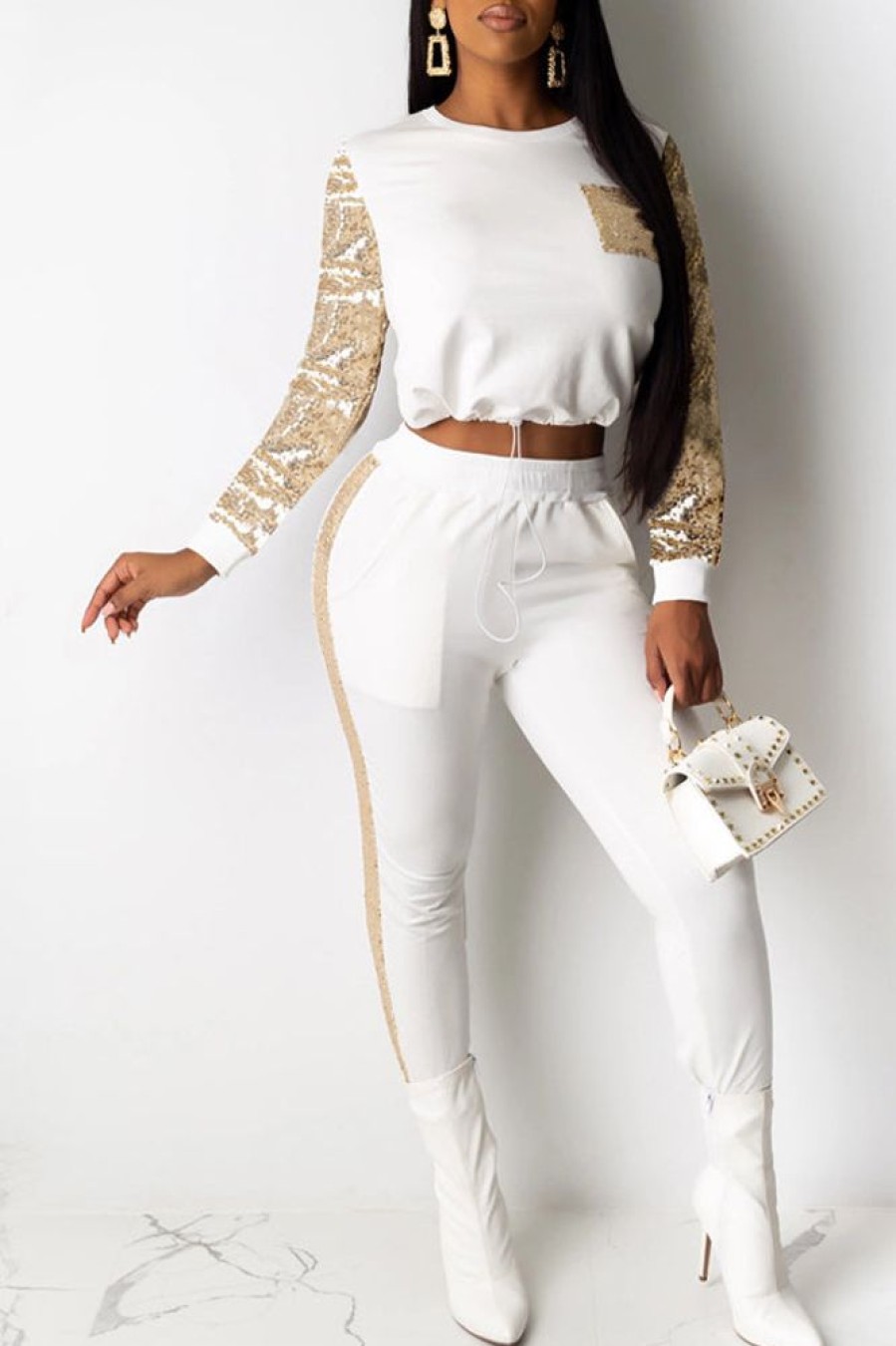 2-Pieces female | Fashion Sequin Stitching Round Neck Long Sleeve Trousers Tracksuit White