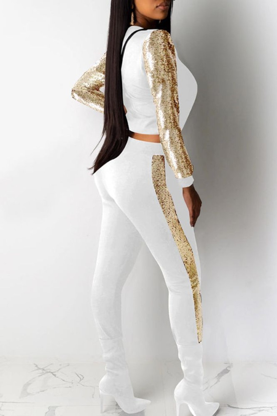 2-Pieces female | Fashion Sequin Stitching Round Neck Long Sleeve Trousers Tracksuit White