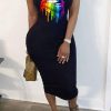 Dresses female | Slim Sexy Hollow Pleated Rainbow Lips Print Dress