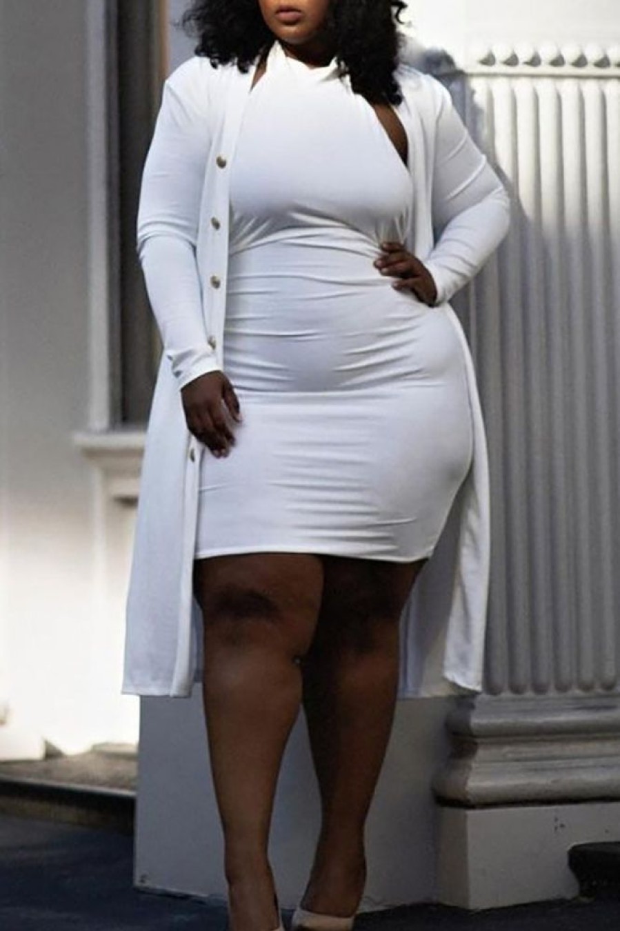 2-Pieces female | Temperament Solid Color Dress Cardigan Plus Size Two Piece Suits White