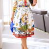 Dresses female | Temperament Color Print Shirt Collar Plus Size Midi Dress White