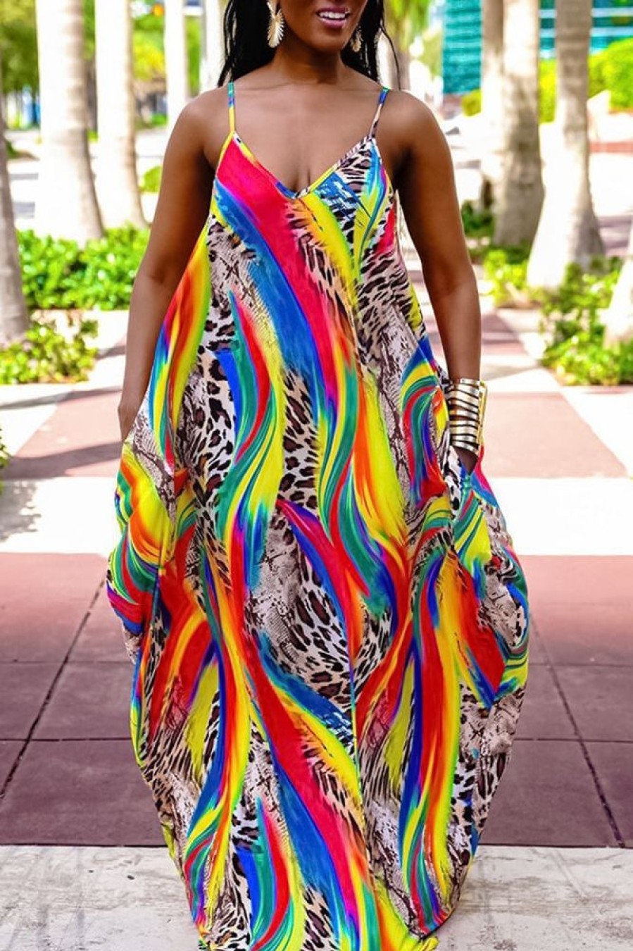 Dresses female | Fashion Printed Loose Strap Maxi Dress Multicolor