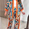 2-Pieces female | Casual Printed Loose Deep V-Neck Shirt Wide-Leg Pants Two-Piece Set