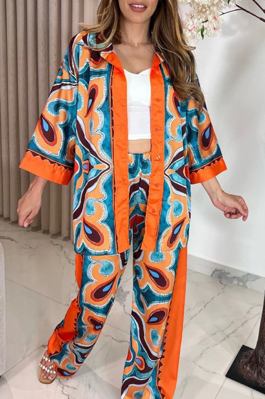 2-Pieces female | Casual Printed Loose Deep V-Neck Shirt Wide-Leg Pants Two-Piece Set