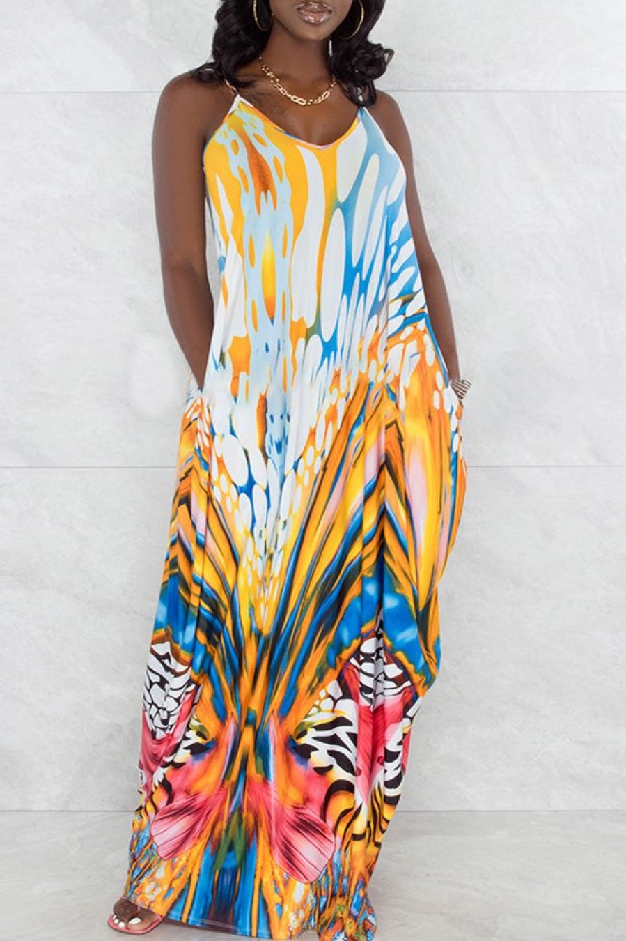 Dresses female | Loose Positioning Print Suspender Maxi Dress Yellow