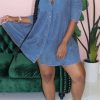 Dresses female | Solid Color Loose Frilled Shirt Collar High Waist Denim Dress Navy Blue