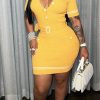 Dresses female | Fashion Solid Color Knit Single Breasted Short Sleeve Slim Fit Hip Dress Yellow