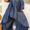 2-Pieces female | Fashion Loose Half Sleeve Asymmetric Mid-Length Blouse Flared Pant Suits Navy Blue