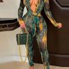 Jumpsuits & Rompers female | Sexy Off-The-Shoulder Long-Sleeve Low-Cut Skinny Printed Mesh Jumpsuit Green