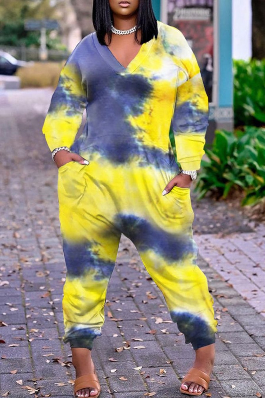 Jumpsuits & Rompers female | Plus Size V-Neck Tie Dye Pocket Jumpsuit Yellow