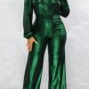 Jumpsuits & Rompers female | Sexy V-Neck Stretch Bronzed Long Sleeve Wide Leg Jumpsuit