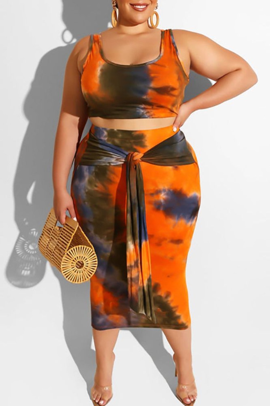 2-Pieces female | Sexy Tie Dye Print Lace Up Sleeveless Plus Size Dress Suits