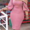 Dresses female | Temperament One Shoulder Puff Sleeve Slim Fit Midi Dress