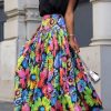 Bottoms female | Pretty Flower Print High Waist Pleated A-Line Long Skirt Multicolor