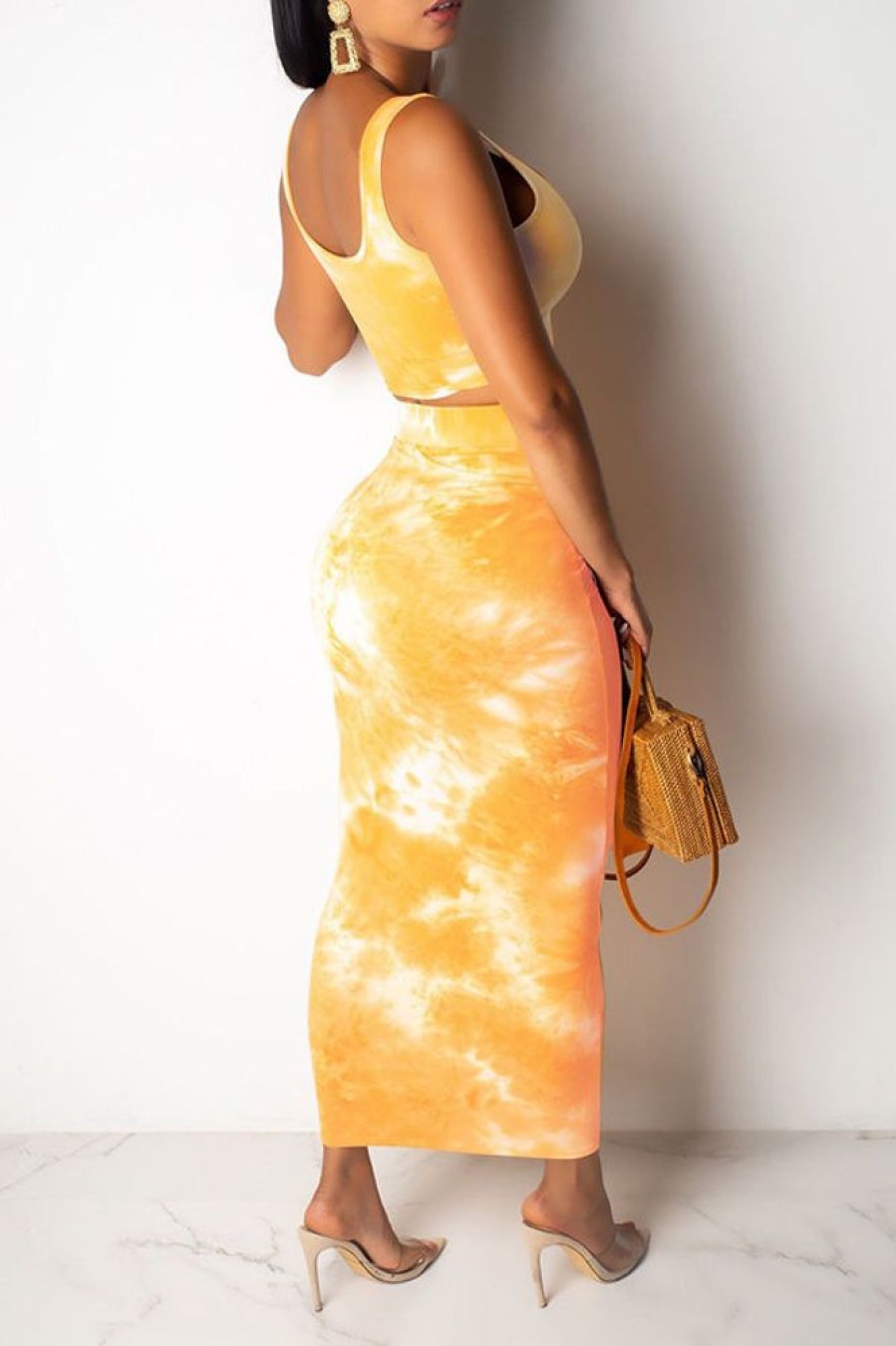 2-Pieces female | Tie-Dye Print Fashion Suspender Dress Suit Gold