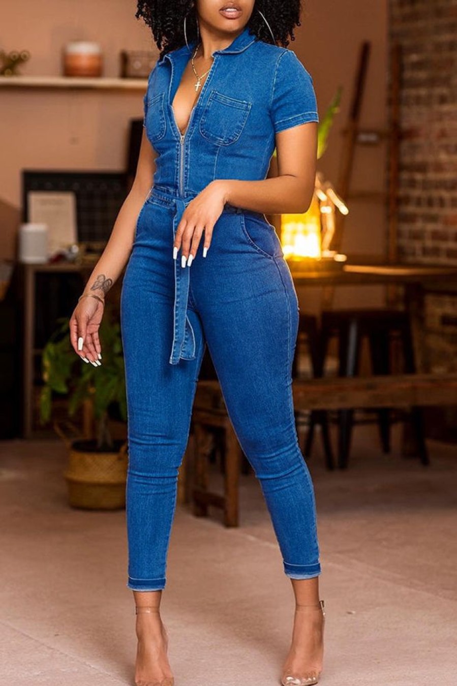 Jumpsuits & Rompers female | Fashion Lapel Zipper Belt Skinny Denims Jumpsuit Blue