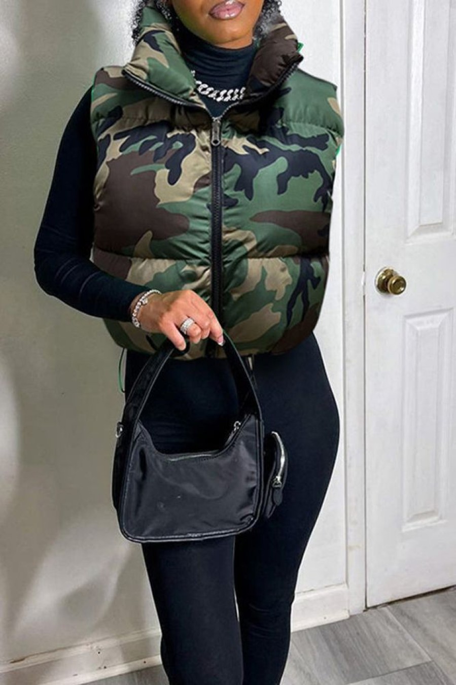 Tops & Outerwear female | Casual Camouflage Print Stand Collar Zipper Hem Elastic Short Cotton Gilet Army Green