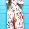 Dresses female | Fashion Print Puff Sleeve V-Neck High Slit Maxi Dress