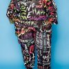 2-Pieces female | Fashion Plus Size Graffiti Print Zipper Loose Pant Suits Black