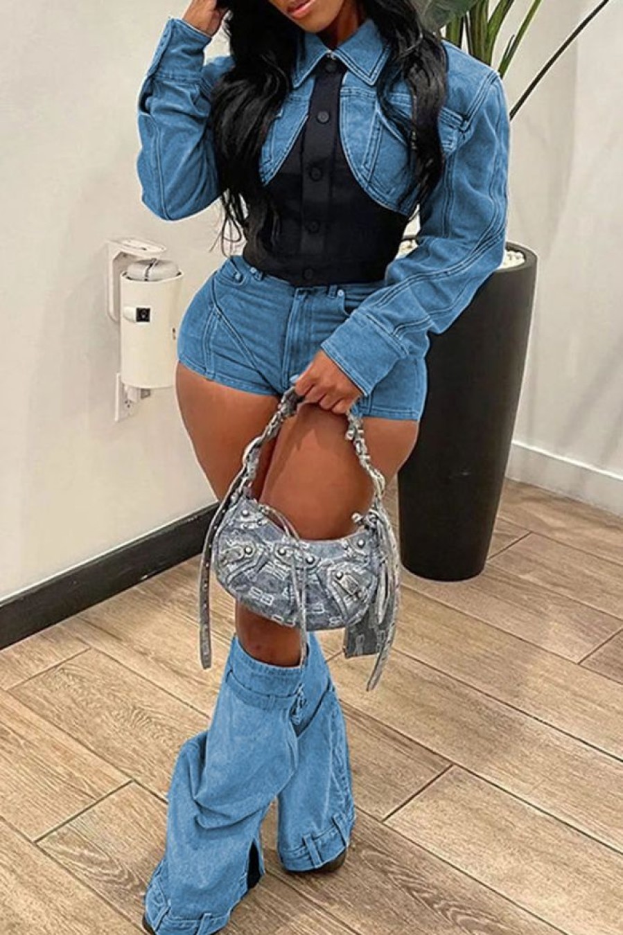 2-Pieces female | Casual Denim Patchwork Shirt And Shorts Two-Piece Set Blue