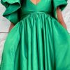 Dresses female | High Waist Mini Dress Fluffy Solid Color Bubble Short Sleeve V Neck Party Dress Green