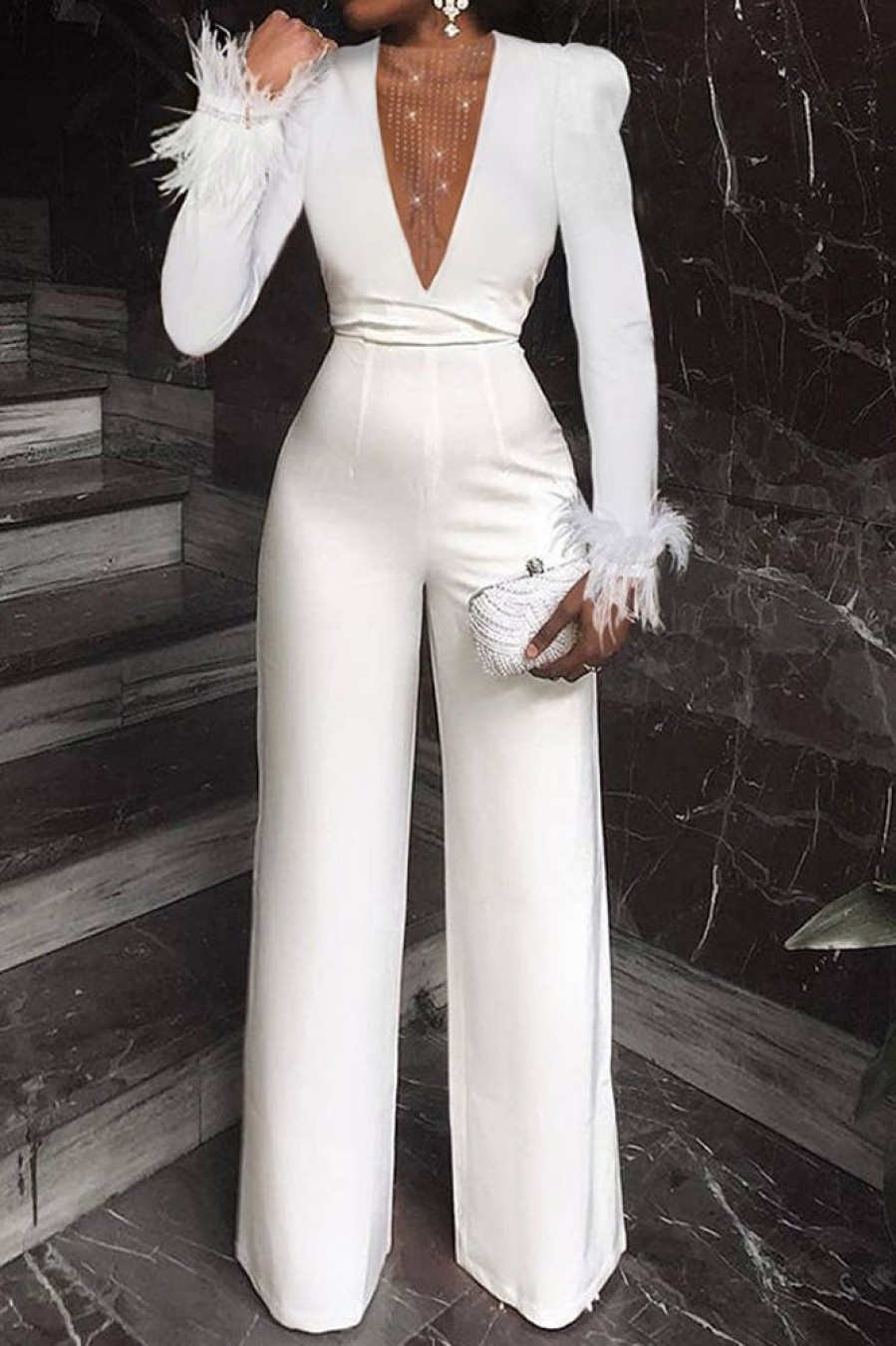 Jumpsuits & Rompers female | Long Sleeve High Waist Mesh Panel Round Neck Sexy Jumpsuit White