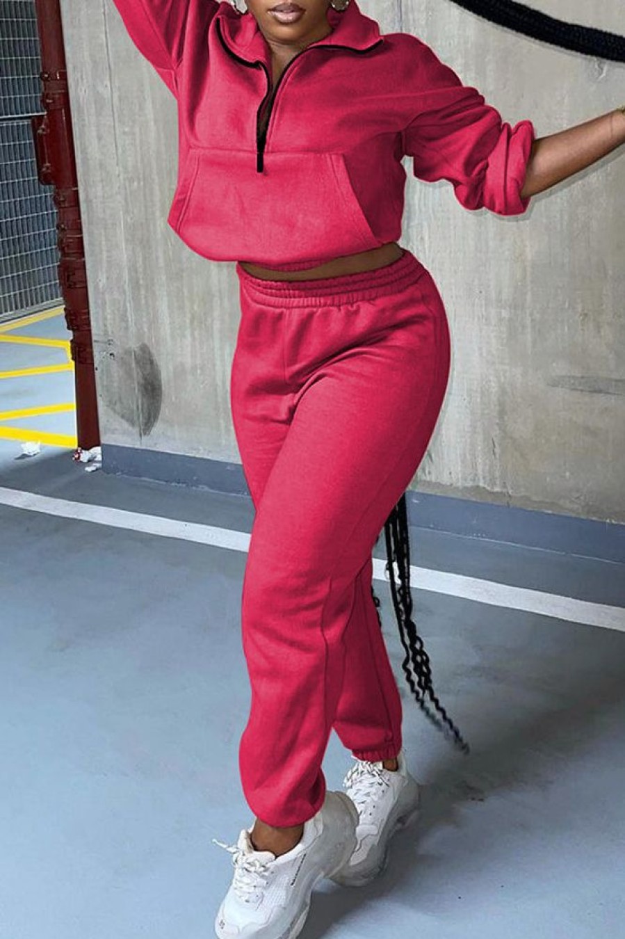 2-Pieces female | Fashionable Casual Solid Color Zipper Sports Suit