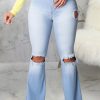 Bottoms female | Fashion High Waist Knee Ripped Stretch Slim Fit Flared Jeans