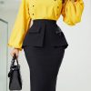 2-Pieces female | Commuter Round Neck Solid Color Blouse Hip-Covering Midi Skirt Suits