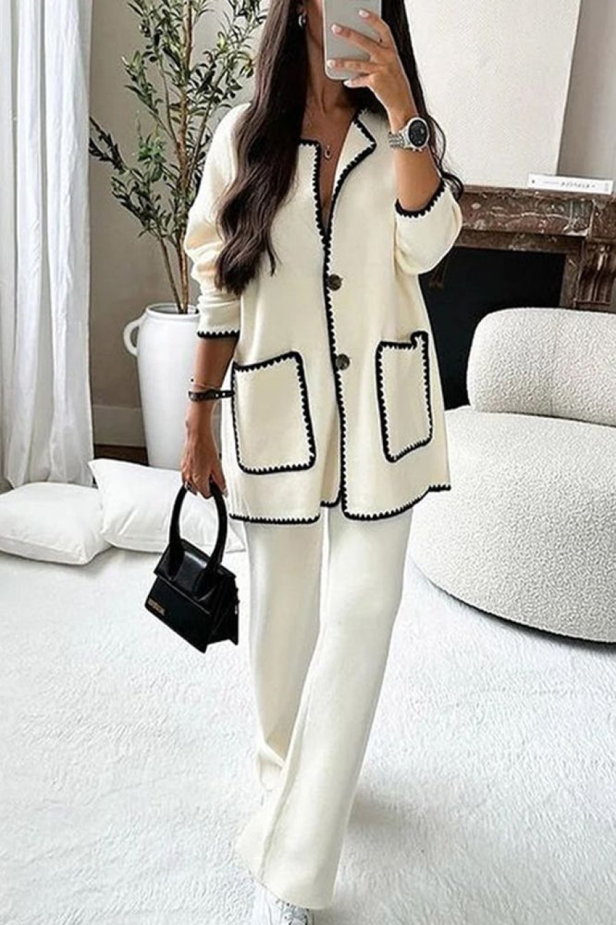 2-Pieces female | Temperament Contrast Color Piping Pocket Jacket Solid Color Straight Pant Suits