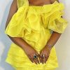 Dresses female | Pretty Mesh Ruffles Strapless Mini Dress Yellow