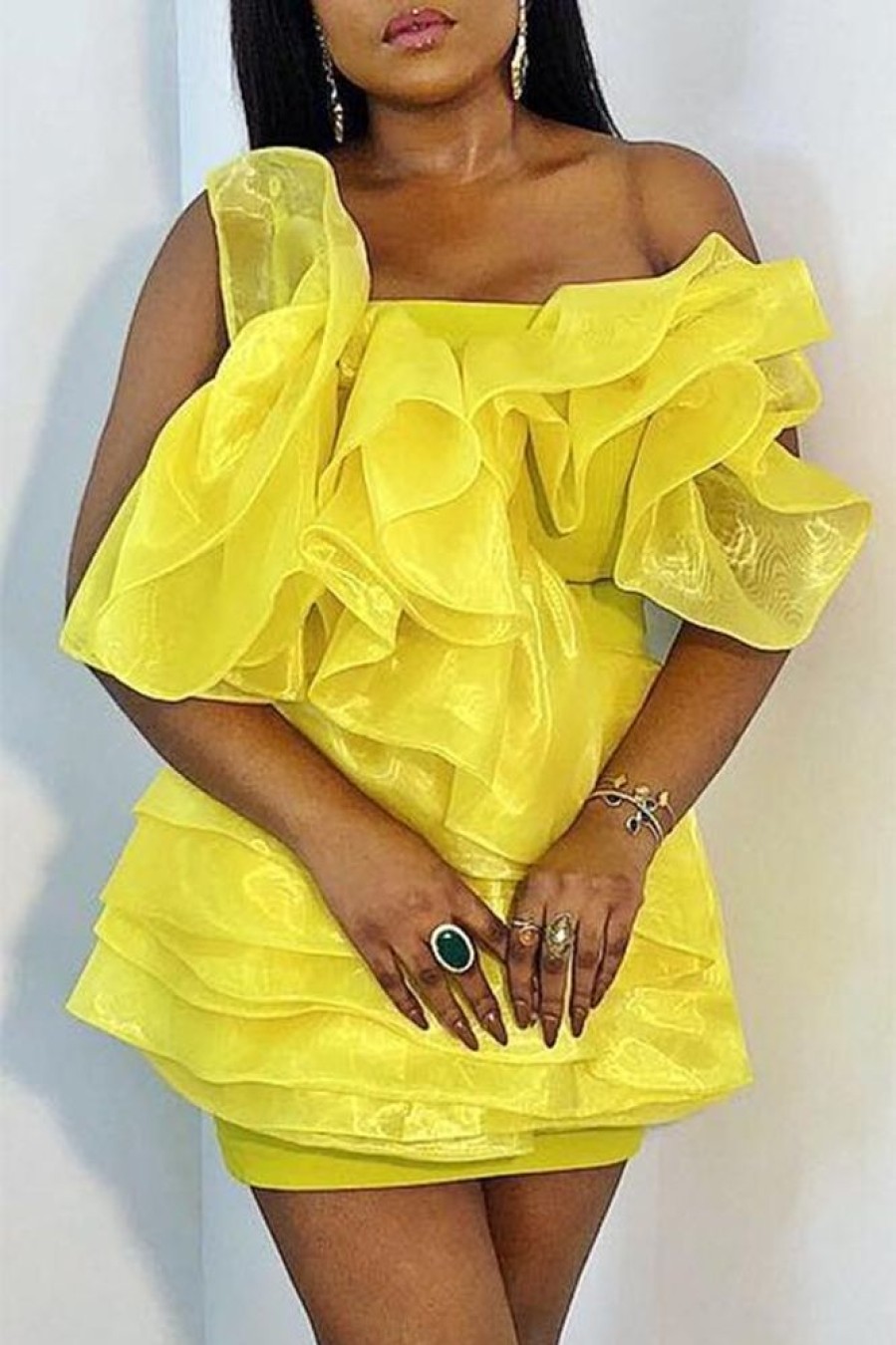 Dresses female | Pretty Mesh Ruffles Strapless Mini Dress Yellow