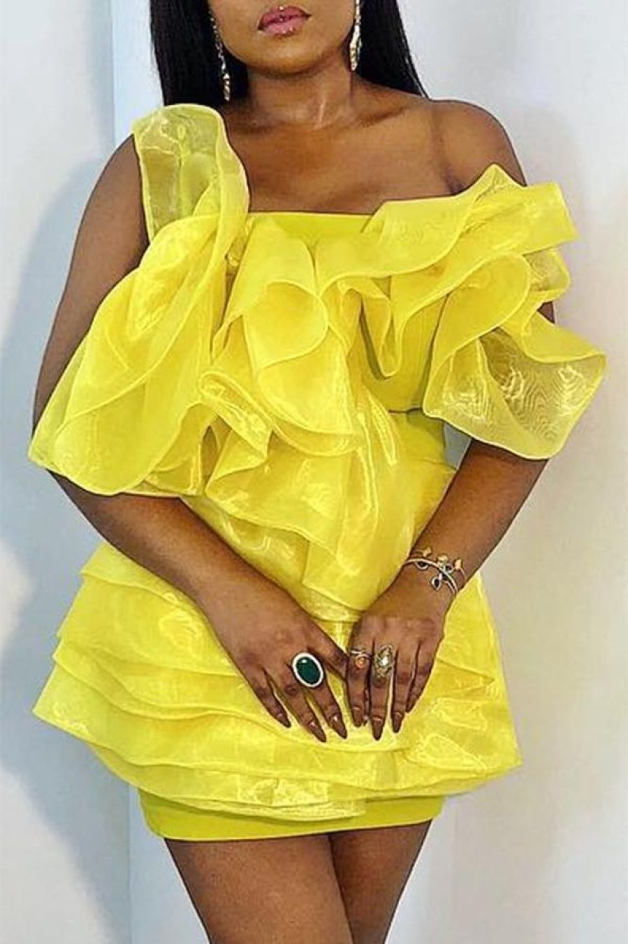 Dresses female | Pretty Mesh Ruffles Strapless Mini Dress Yellow