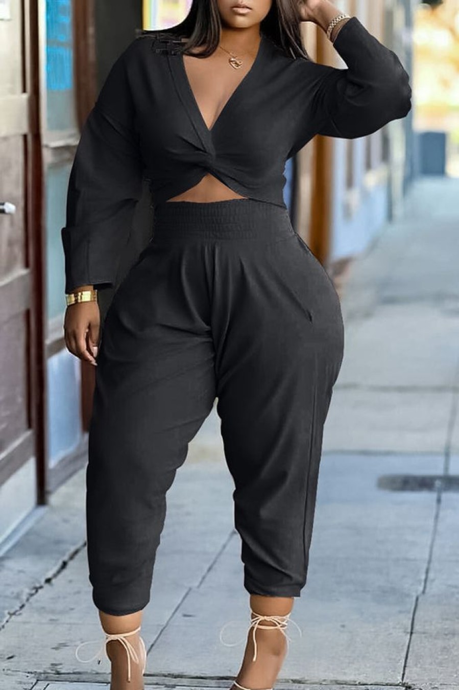 2-Pieces female | Plus Size Long Sleeve Stud Two-Piece Pants Set