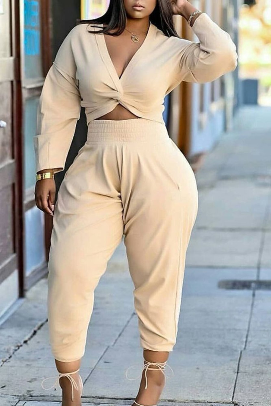 2-Pieces female | Plus Size Long Sleeve Stud Two-Piece Pants Set