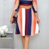 Dresses female | Commuter Round Neck Striped 3/4 Length Sleeve Belt Midi Dress Orange