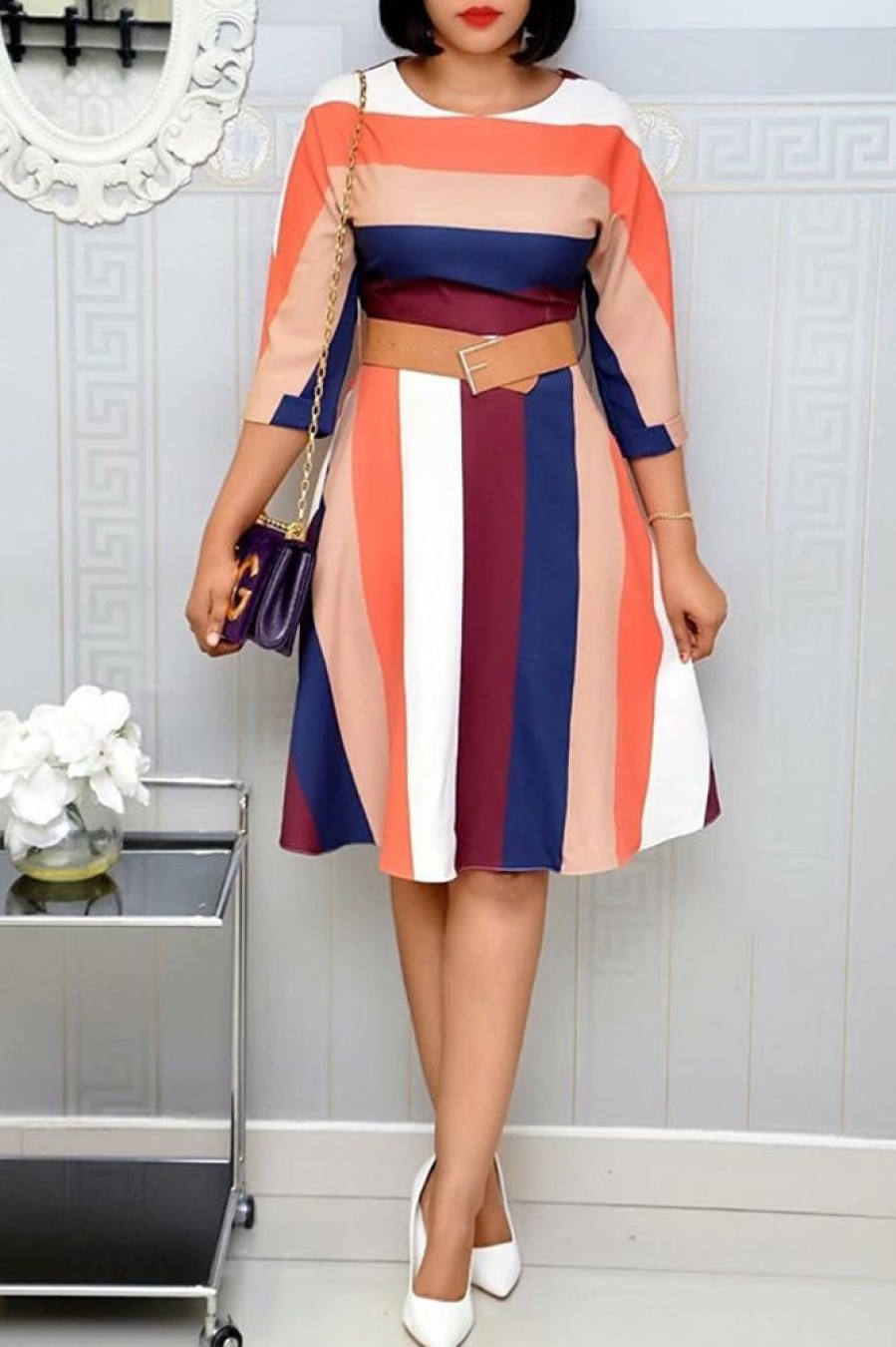 Dresses female | Commuter Round Neck Striped 3/4 Length Sleeve Belt Midi Dress Orange