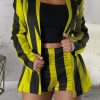 2-Pieces female | Trendy Shawl Collar Stripe Print Long-Sleeve Shorts Set