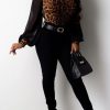 Tops & Outerwear female | Leopard Print Gold Velvet Chiffon Panel High Neck Long Sleeve Blouse Brown