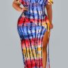 Dresses female | Sexy Plus Size Off Shoulder Tie Dye Slit Maxi Dress Blue