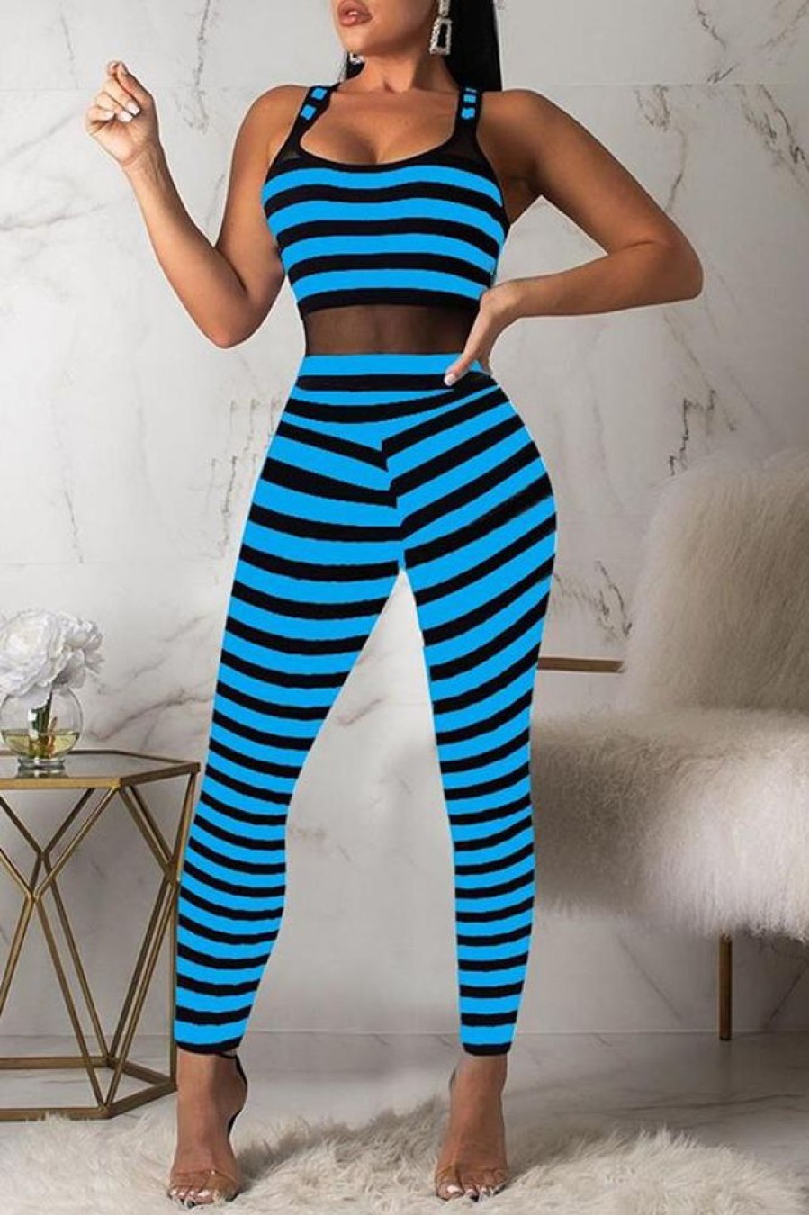 Jumpsuits & Rompers female | Casual Striped Stitching Mesh Slim Fit Jumpsuit