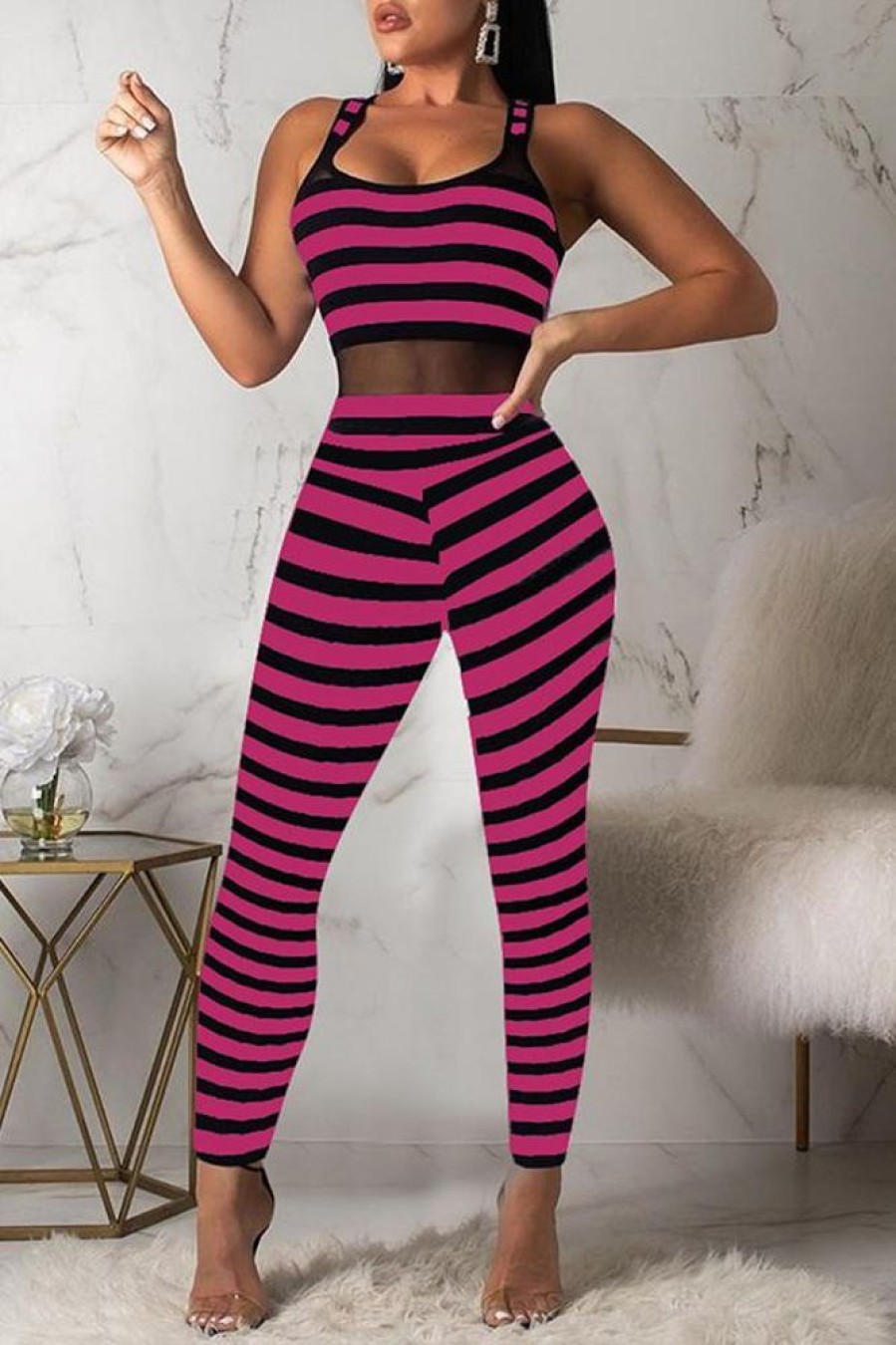 Jumpsuits & Rompers female | Casual Striped Stitching Mesh Slim Fit Jumpsuit