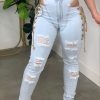 Bottoms female | On-Trend Slim Fit High Waist Hollow Lace Up Jeans Wathet Blue