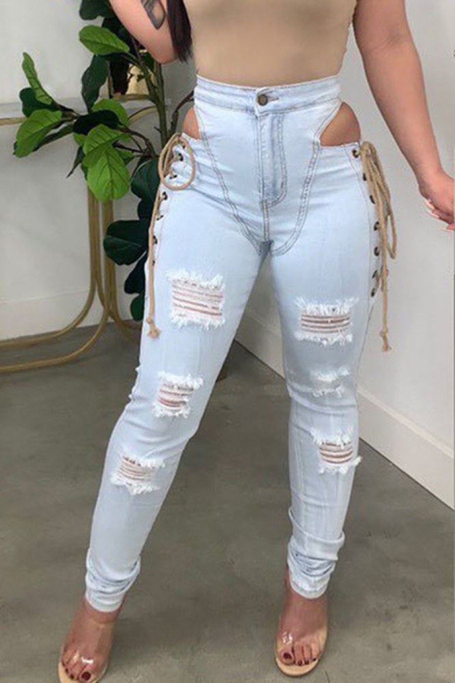 Bottoms female | On-Trend Slim Fit High Waist Hollow Lace Up Jeans Wathet Blue