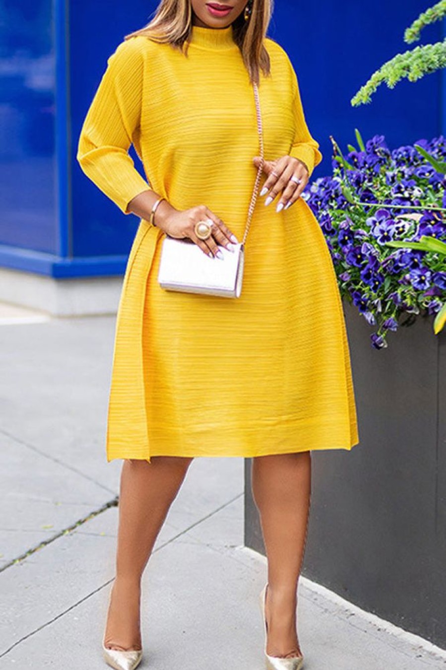 Dresses female | Loose Solid Color Pleated Midi Dress Yellow